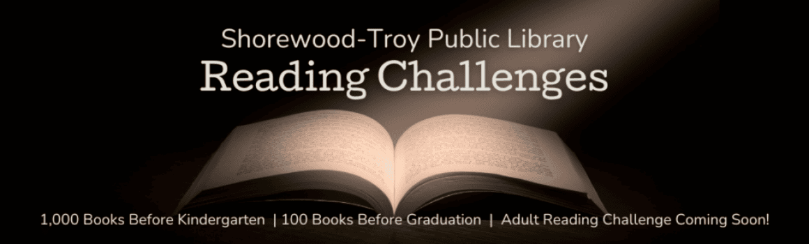 STPL Reading Challenges with glowing book pages and dark background. 1,000 Books Before Kindergarten, 100 Books Before Graduation, and Adult Reading Challenge coming soon